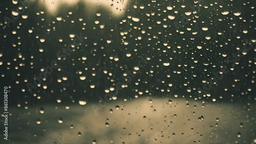 Heavy downpour in the midst of summer. Raindrops hitting the glass surface. Stormy weather conditions with rain. photo