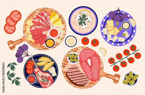 Process of cooking food from above. Ingredients for dishes and food. Chef. Kitchen. Culinary concept. Workshop. Master Class. Preparing food. Flat style. Meal. Making steak, blue cheese, potatoes, ham