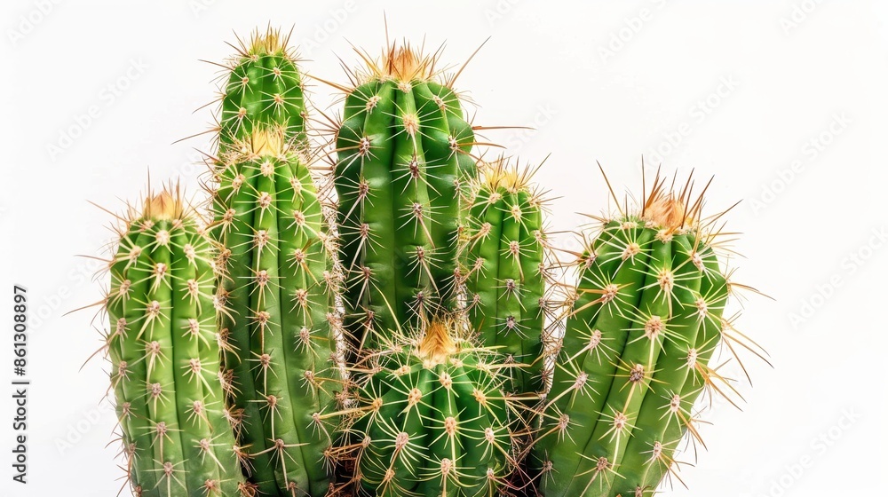 Detailed close-up shot of green cacti plants, featuring tall and short spines against a white background, highlighting the intricate details and textures of these plants. Detailed close-up shot of green cacti plants, featuring tall and short spines against a white background, highlighting the intricate details and textures of these plants.