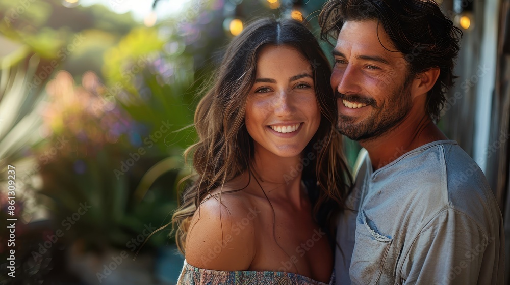 A happy couple stands closely together in a lush green garden, smiling joyfully and radiating love and warmth as they enjoy a beautiful sunny day together. A happy couple stands closely together in a lush green garden, smiling joyfully and radiating love and warmth as they enjoy a beautiful sunny day together.