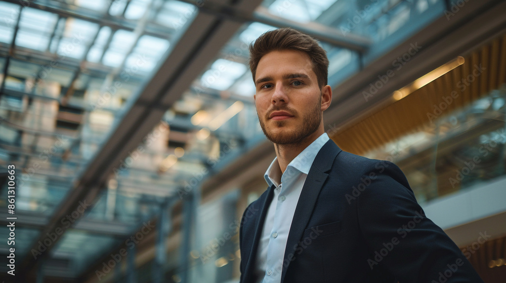 Portrait of a handsome young business man in a suit standing inside a modern office building Portrait of a handsome young business man in a suit standing inside a modern office building