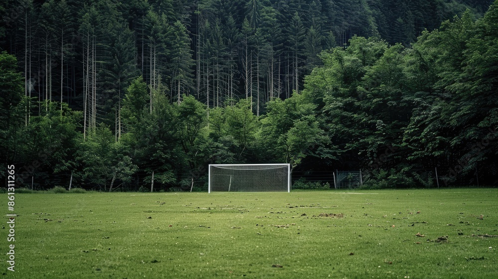 Serene Soccer Field Surrounded by Lush Green Forest in a Tranquil Natural Setting Serene Soccer Field Surrounded by Lush Green Forest in a Tranquil Natural Setting