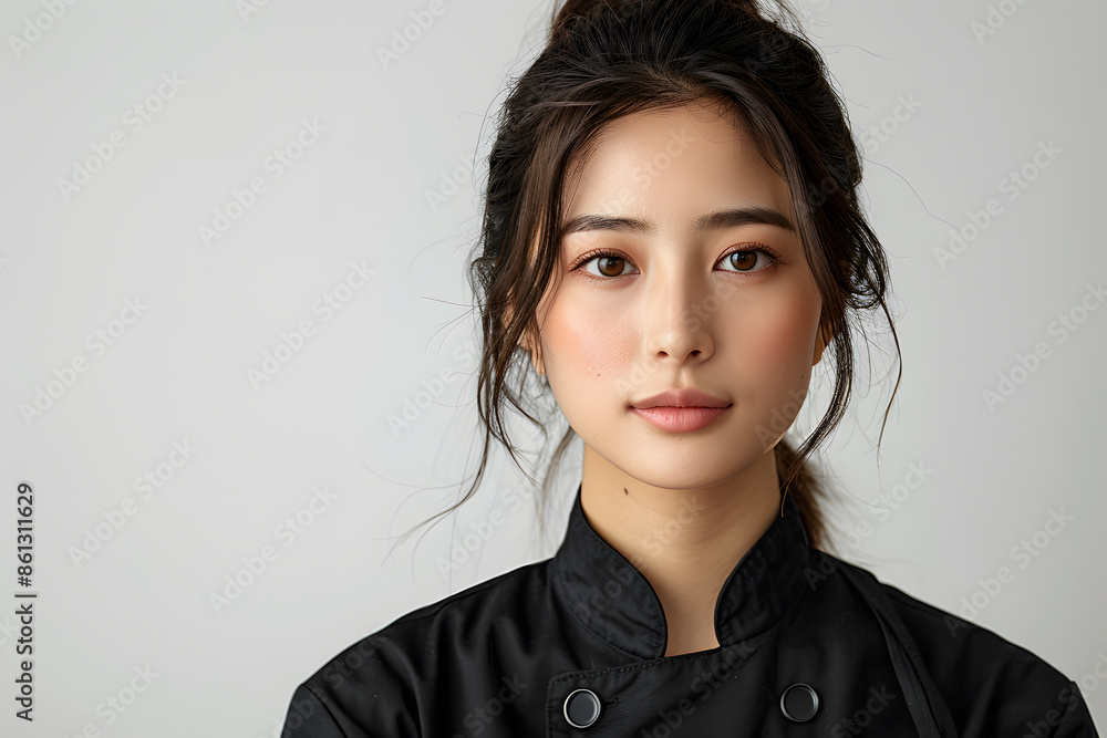 A young beautiful Asian chef in uniform posts okay taste delightful delicious hand gesture on an isolated background. A young beautiful Asian chef in uniform posts okay taste delightful delicious hand gesture on an isolated background.