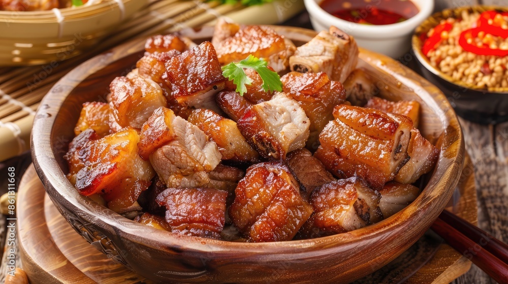 Delicious Crispy Pork Belly in Wooden Bowl with Assorted Dipping Sauces and Fresh Herbs on Rustic Table Delicious Crispy Pork Belly in Wooden Bowl with Assorted Dipping Sauces and Fresh Herbs on Rustic Table