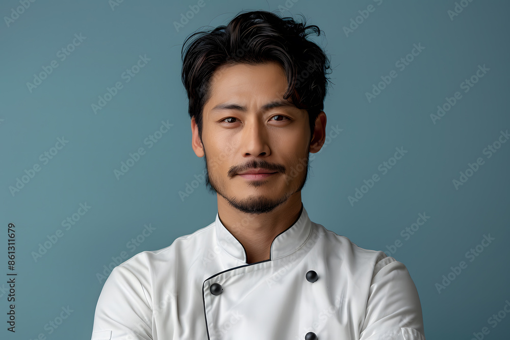 A young beautiful Asian chef in uniform posts okay taste delightful delicious hand gesture on an isolated background. A young beautiful Asian chef in uniform posts okay taste delightful delicious hand gesture on an isolated background.