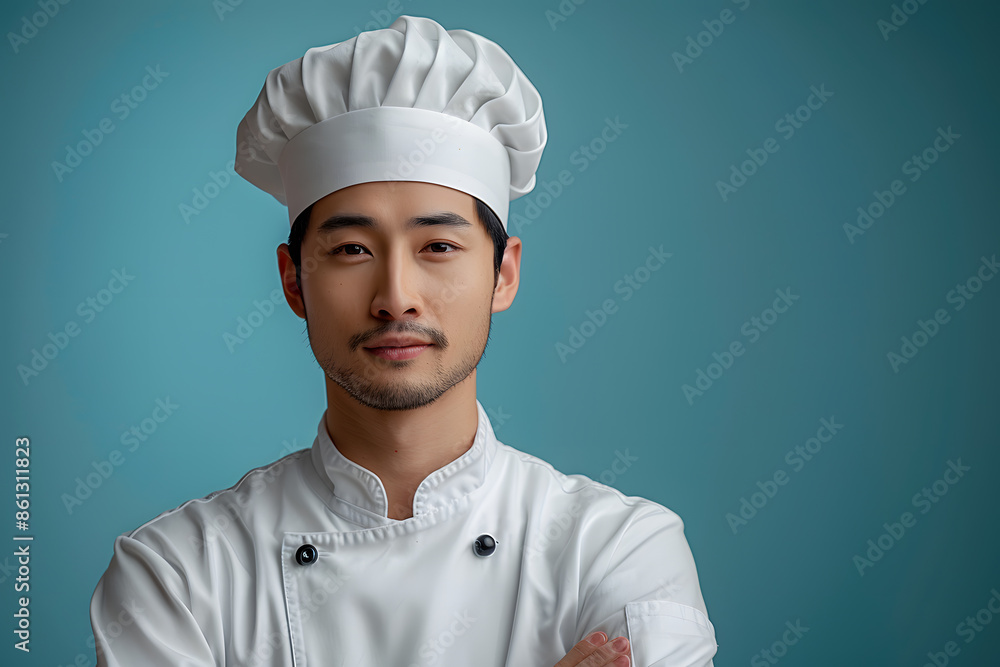 A young beautiful Asian chef in uniform posts okay taste delightful delicious hand gesture on an isolated background. A young beautiful Asian chef in uniform posts okay taste delightful delicious hand gesture on an isolated background.