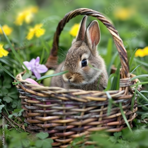 Adorable Baby Bunny in Woven Basket Surrounded by Spring Flowers in a Lush Green Meadow © Songyote