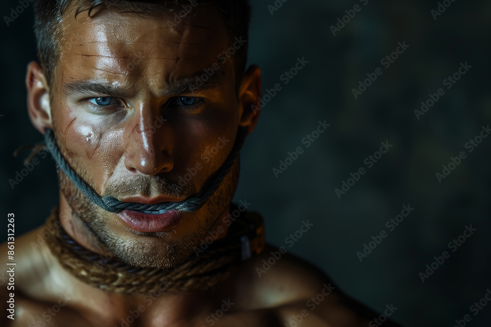 Bound man with rope gag and leather collar Bound man with rope gag and leather collar