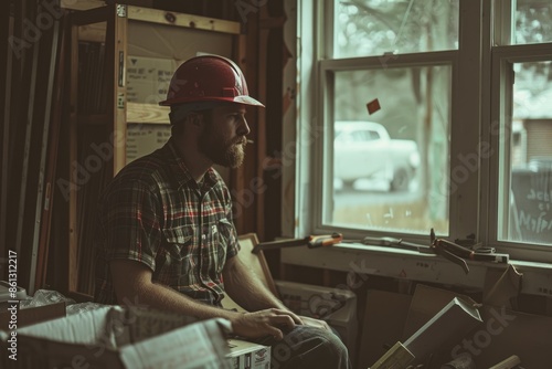 A carpenter with a beard and hard hat contemplates in his workshop, surrounded by construction tools and equipment AIG58 © Summit Art Creations