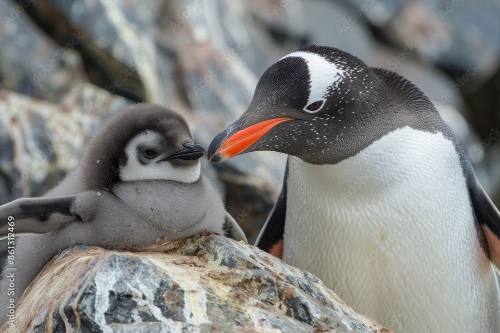 Naklejka premium Gentoo penguin chick and parent