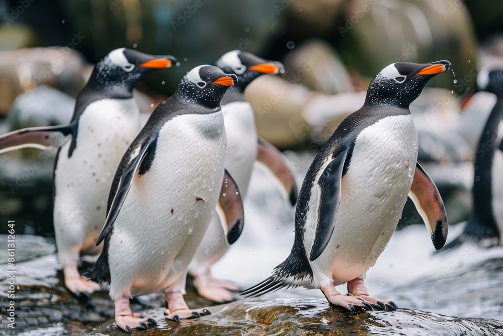 Fototapeta premium Gentoo penguins arriving to their home colony