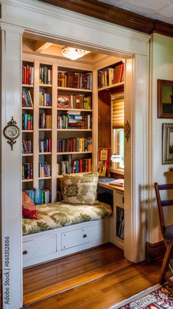 Home interior features a built-in bench with storage, upholstered in beige fabric with a cushion. Above is a bookcase packed with shelves of books Home interior features a built-in bench with storage, upholstered in beige fabric with a cushion. Above is a bookcase packed with shelves of books