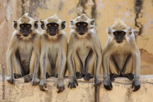 Hanuman langur monkeys (Semnopithecus entellus) sitting on wall, Ranthambhore National Park, Rajasthan, India