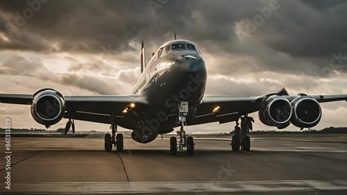 Prepare to be captivated by this stunning 4k resolution 3D animation, where an airplane gracefully traverses the sky above an office building in a bustling business district. The view from below, with photo