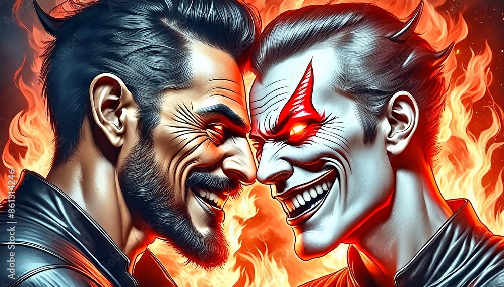 Naklejka premium Understanding with the devil, evil persuasion, moral seduction. The devil whispers in man's ear and leads him onto the path of sin. Two figures in the foreground. Generated image