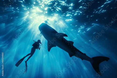Looking up at a whale shark silhouetted against the surface with a woman snorkeler swimming beside