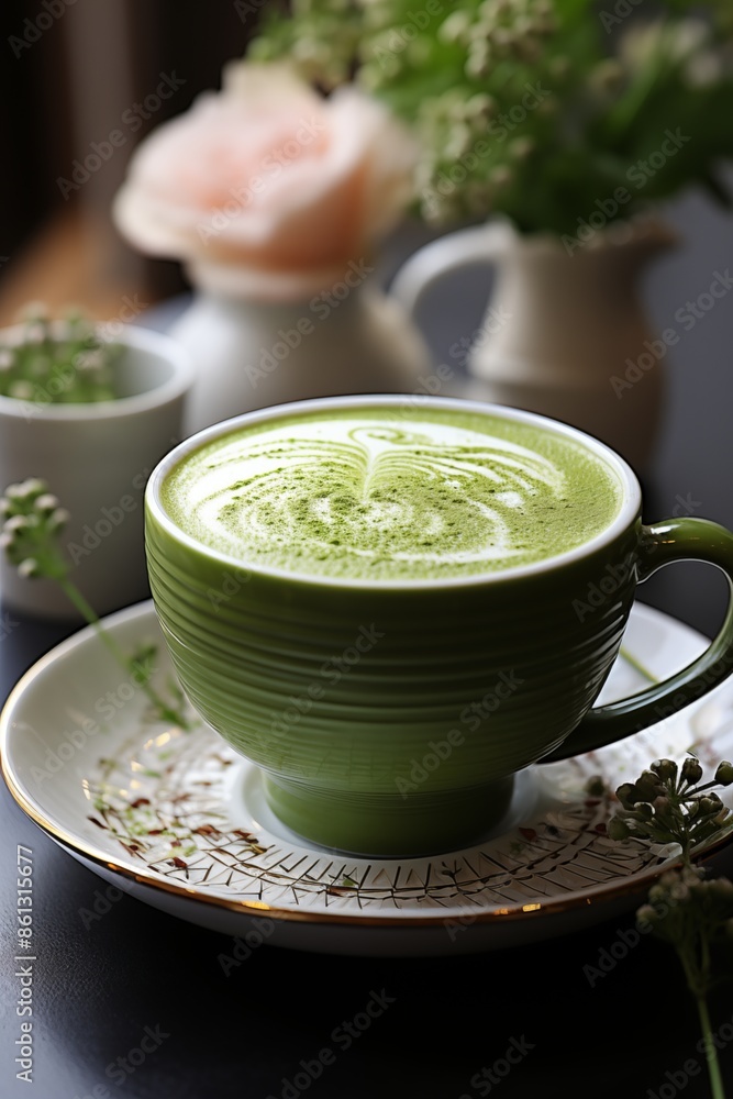 A serene still life of a matcha latte with spring blossoms.
A serene still life of a matcha latte with spring blossoms.