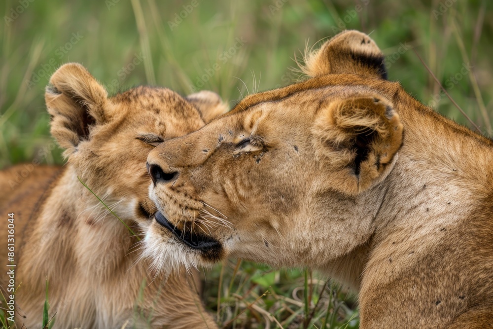 Mother lioness licking her cub in Masai Mara. Mother lioness licking her cub in Masai Mara.
