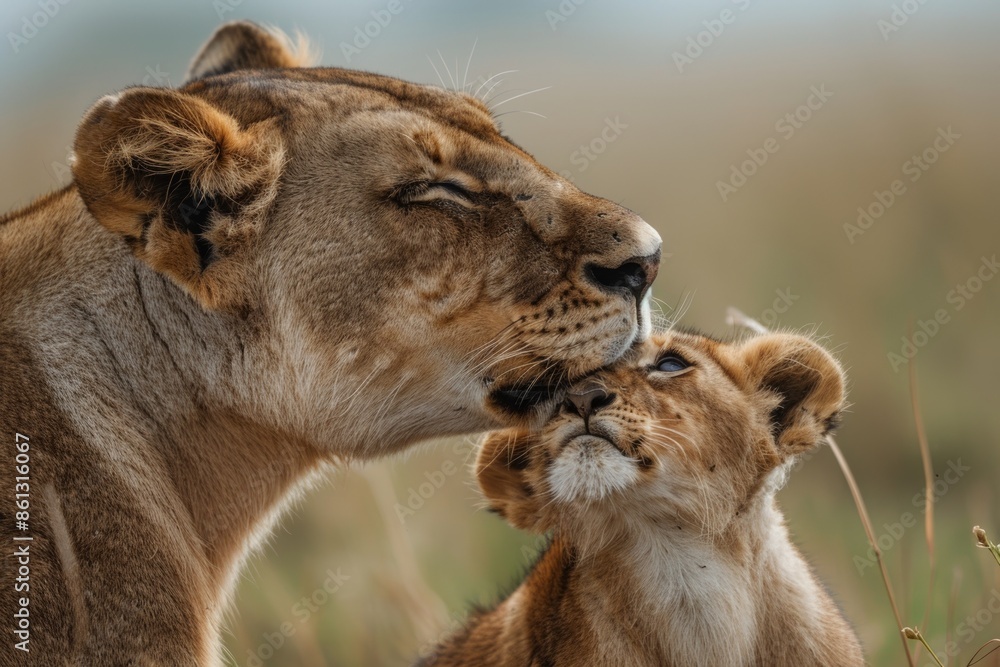Mother lioness licking her cub in Masai Mara. Mother lioness licking her cub in Masai Mara.