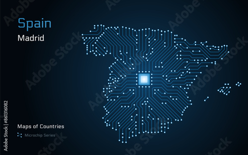 A vector map of Spain created from a microchip pattern, with the capital Madrid depicted as a microchip