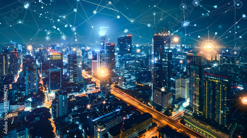 Wallpaper Mural Captivating nighttime aerial view of a thriving metropolitan city skyline with towering futuristic skyscrapers illuminated transportation networks and a bustling digital infrastructure Torontodigital.ca