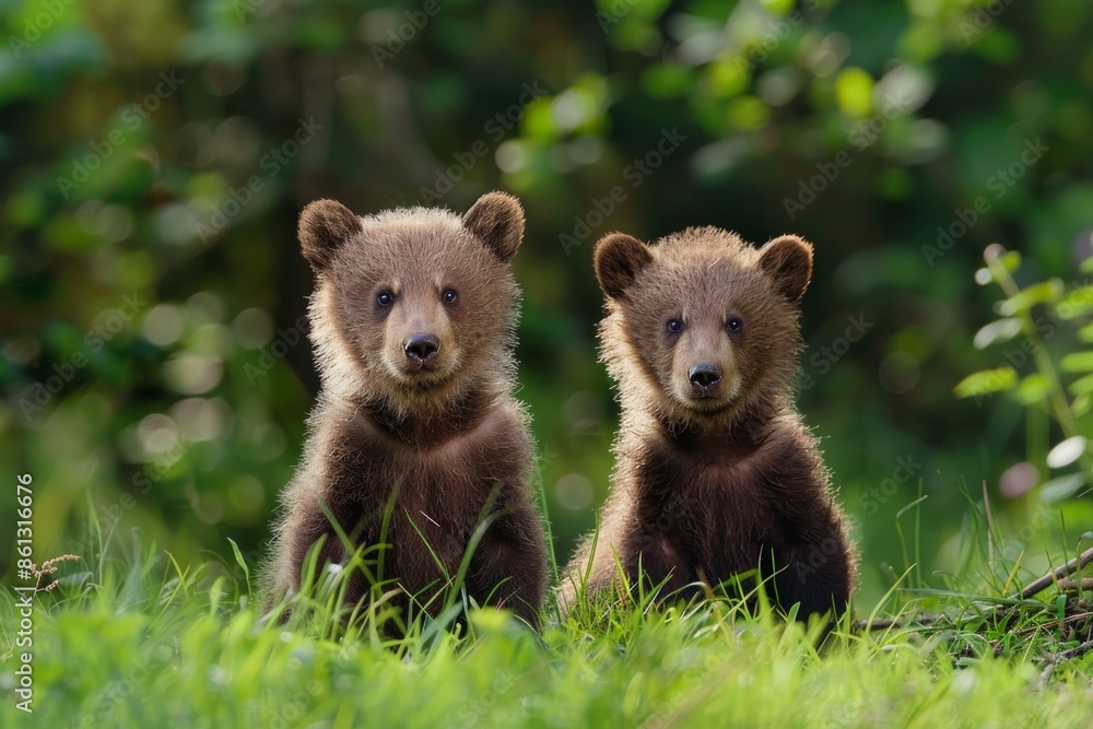 One cute cub is sitting and his brother is standing in the grass both with face forward One cute cub is sitting and his brother is standing in the grass both with face forward