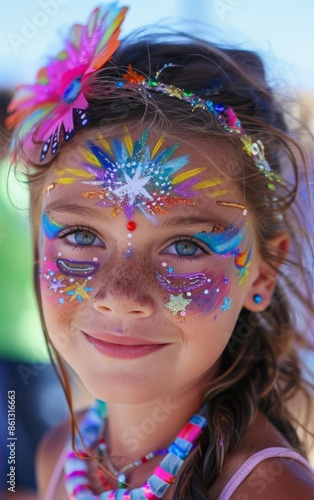 A young girl with colorful face paint and braids smiles brightly at the camera. She's wearing a floral dress and pink sunglasses.