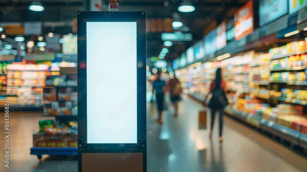 Blank advertising board in shopping mall. Mockup for design. Blurred backdrop with shelves and people. Generative AI Blank advertising board in shopping mall. Mockup for design. Blurred backdrop with shelves and people. Generative AI
