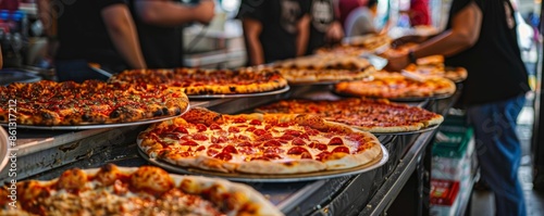 Close-up of a pizza counter with fresh, hot pizzas.