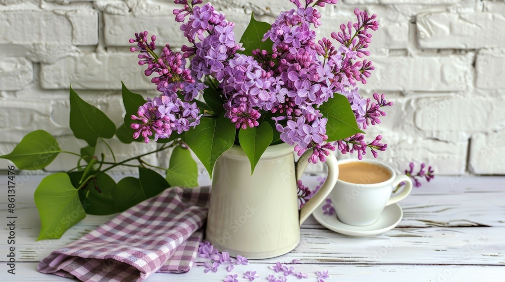 A close-up photo of a white teacup and saucer on a white table, with a bouquet of purple lilac flowers in a white pitcher behind it. The flowers are arranged in front of a white brick wall A close-up photo of a white teacup and saucer on a white table, with a bouquet of purple lilac flowers in a white pitcher behind it. The flowers are arranged in front of a white brick wall