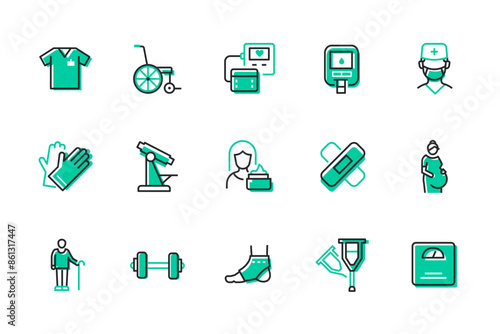 Health problems and medical supervision - set of line design style icons isolated on white background. Hospital equipment. Images of wheelchair, pregnancy, scales, doctor, patch, blood test