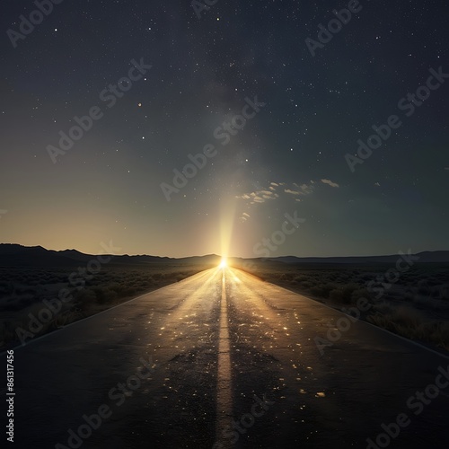 Flare-illuminated asphalt country road stretching towards the horizon, symbolizing a business journey, challenges, and the vision ahead, with ample copy space for inspirational or motivational message © mohammed