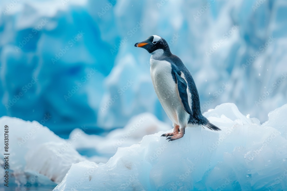 Naklejka premium Penguin standing on a beautiful blue iceberg.