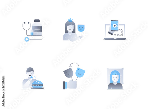 Emotional problems and health - flat design style icons set. High quality colorful images of stethoscope and pills, narcissism, addiction to gadgets, overeating, frequent mood swings, insomnia