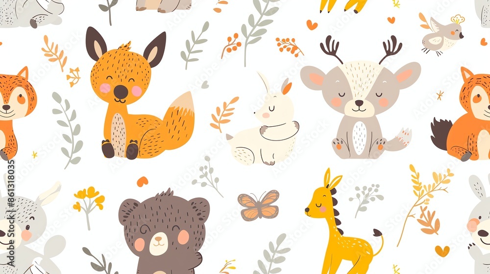 A seamless pattern of cute forest animals on a white background. A seamless pattern of cute forest animals on a white background.