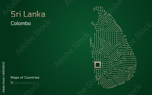 A vector map of Sri Lanka created from a microchip pattern, with the capital Colombo depicted as a microchip