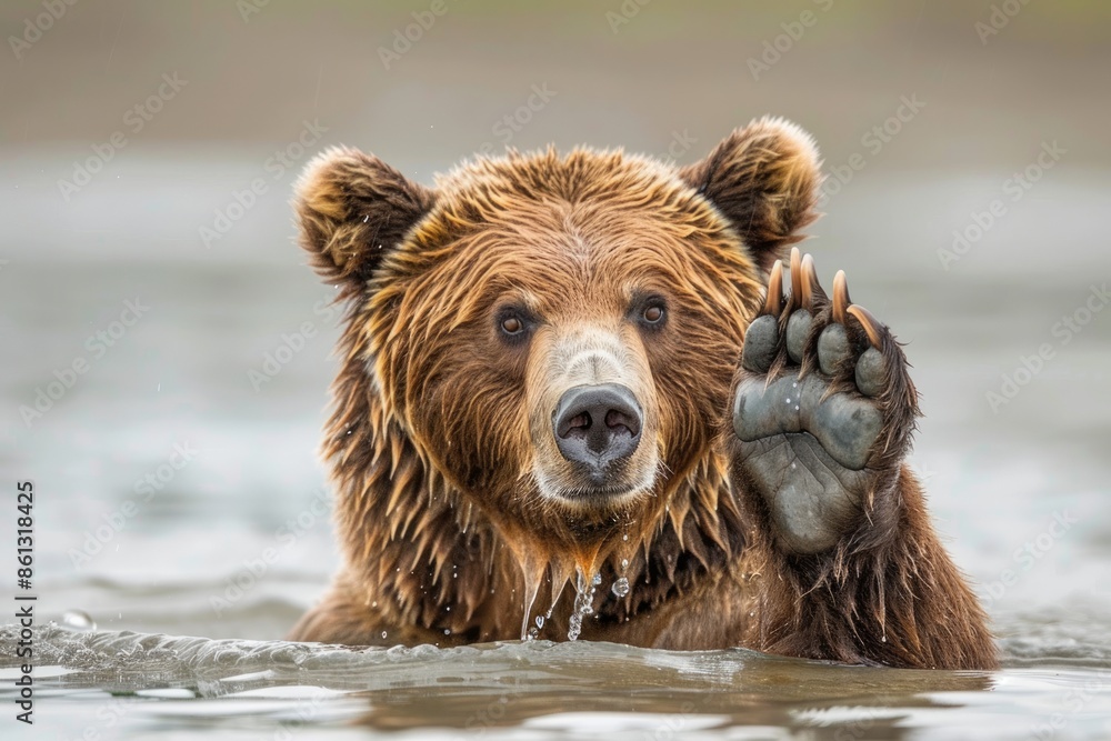 Portrait image of a brown bear hunting silver salmon in Lake Clark State Park in Alaska Portrait image of a brown bear hunting silver salmon in Lake Clark State Park in Alaska