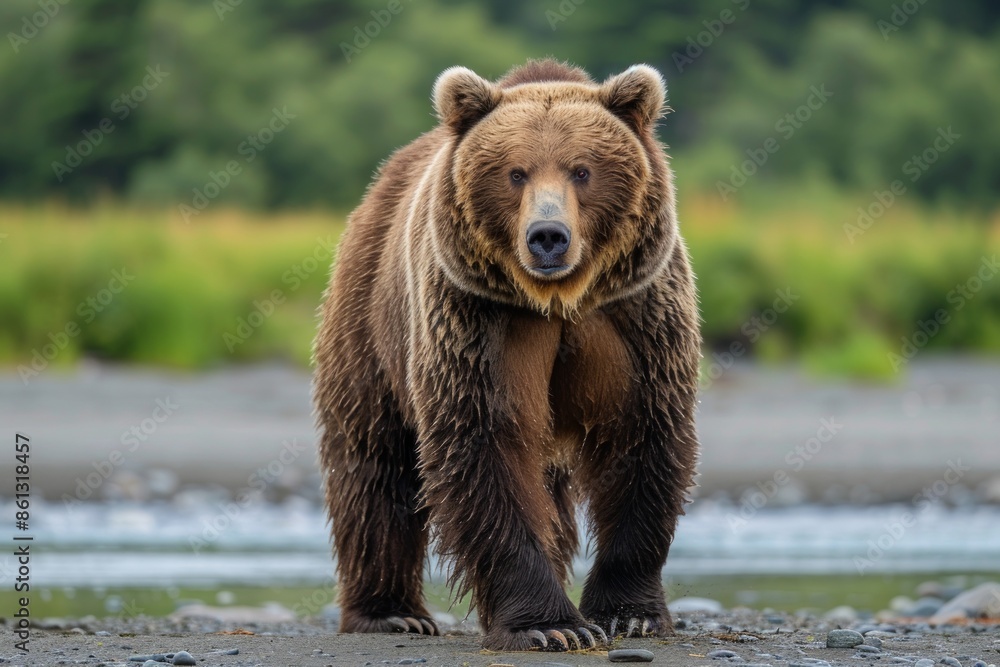 Obraz premium Portrait image of a brown bear hunting silver salmon in Lake Clark State Park in Alaska