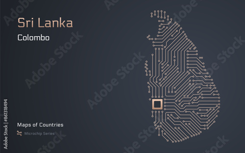 A vector map of Sri Lanka created from a microchip pattern, with the capital Colombo depicted as a microchip
