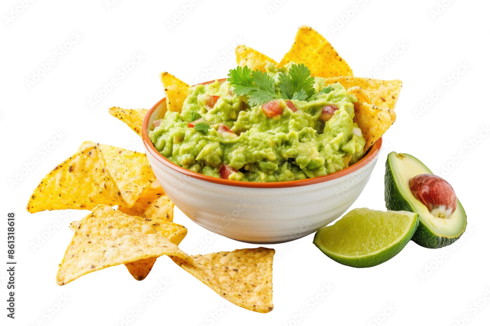A bowl of fresh guacamole with tortilla chips, lime wedges, and avocado slices. isolate on white background A bowl of fresh guacamole with tortilla chips, lime wedges, and avocado slices. isolate on white background