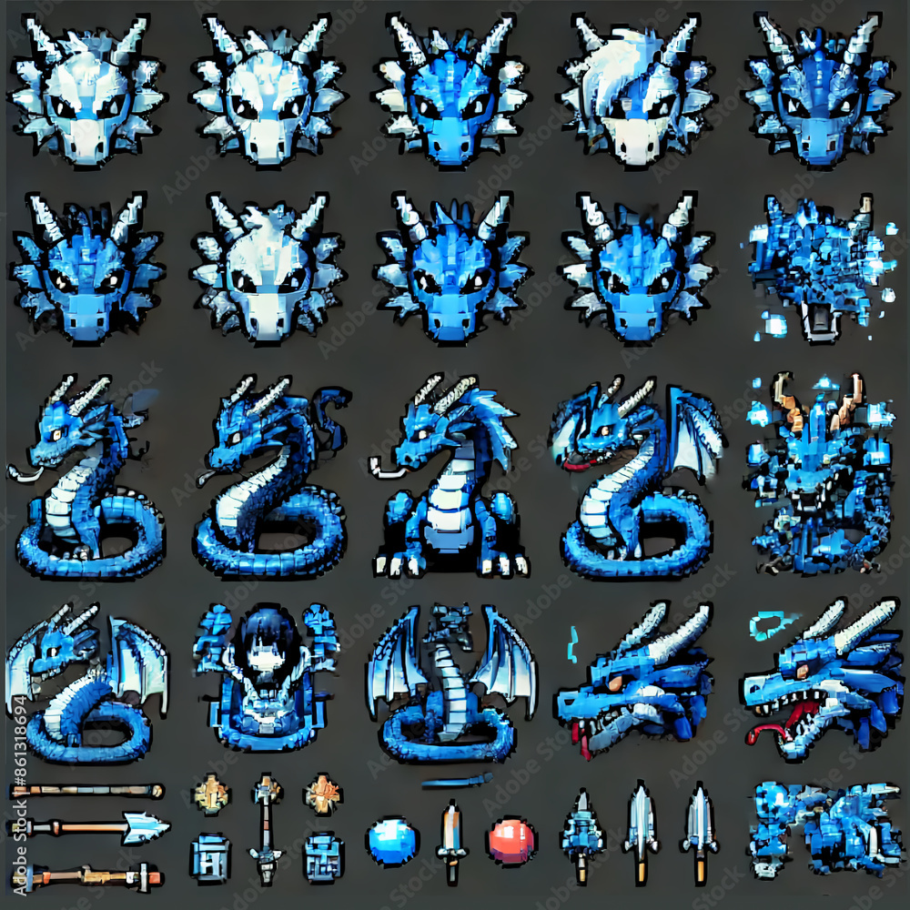 Pixel Art Sprite Sheet for Japanese RPG Blue Dragon Icons ilustración ...