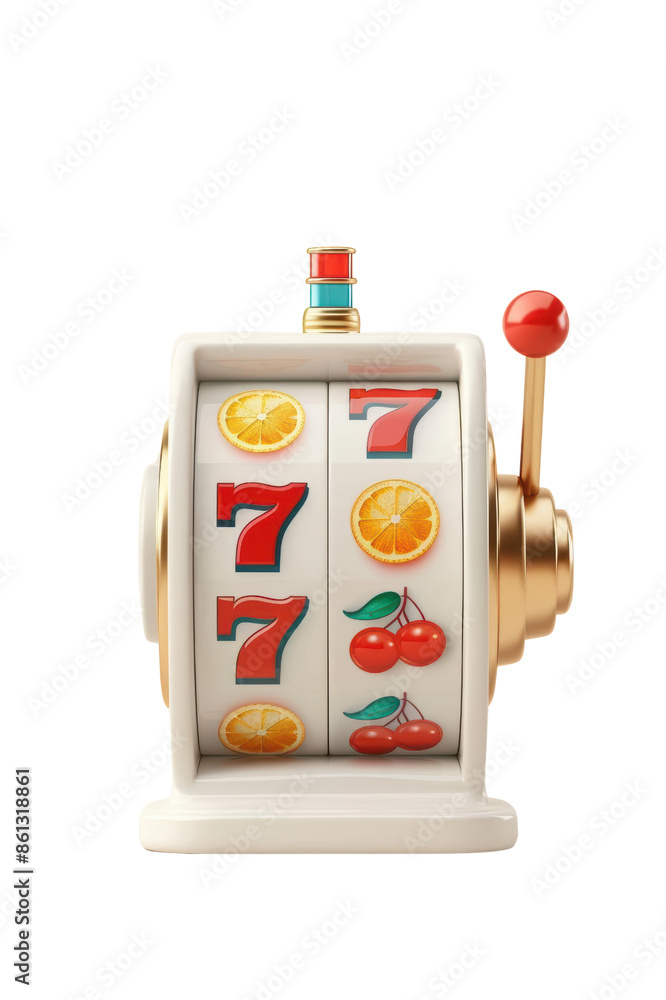 A classic white slot machine with a red lever, displaying three lucky sevens. isolate on white background A classic white slot machine with a red lever, displaying three lucky sevens. isolate on white background