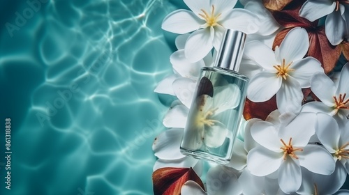 Elegant mockup perfume bottle amidst white flowers on blue