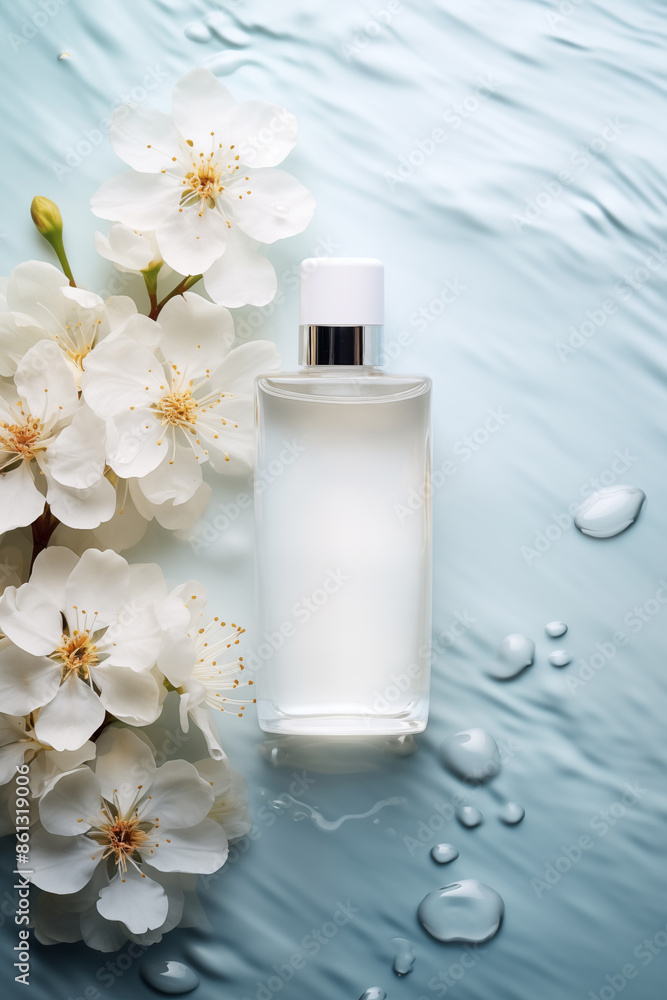 Elegant mockup perfume bottle amidst white flowers on blue Elegant mockup perfume bottle amidst white flowers on blue