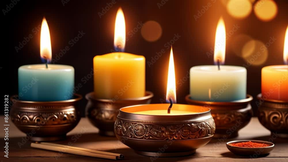 Scented candles burning with a soft flickering flame and gentle smoke in a warm, bokeh. Spa concept. Scented candles burning with a soft flickering flame and gentle smoke in a warm, bokeh. Spa concept.
