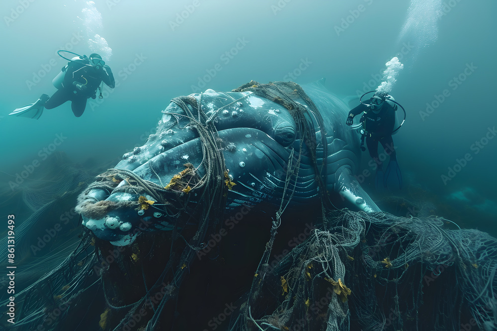 Fototapeta premium People Save Whale Trap Fish Net