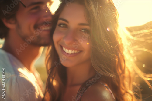 The magazine shot features a stylish 30-year-old Greek woman with long hair and a dazzling smile with perfect teeth, standing beside a man, all in a scene with soft backlight, a su