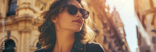 A person with sunglasses observes the surrounding buildings on a sunny street, capturing the essence of historic architecture on a beautiful day.