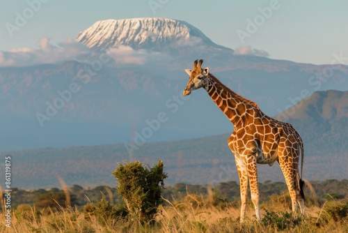 Reticulated giraffe (Giraffa camelopardalis reticulata) and Mount Kenya, Laikipia County, Kenya