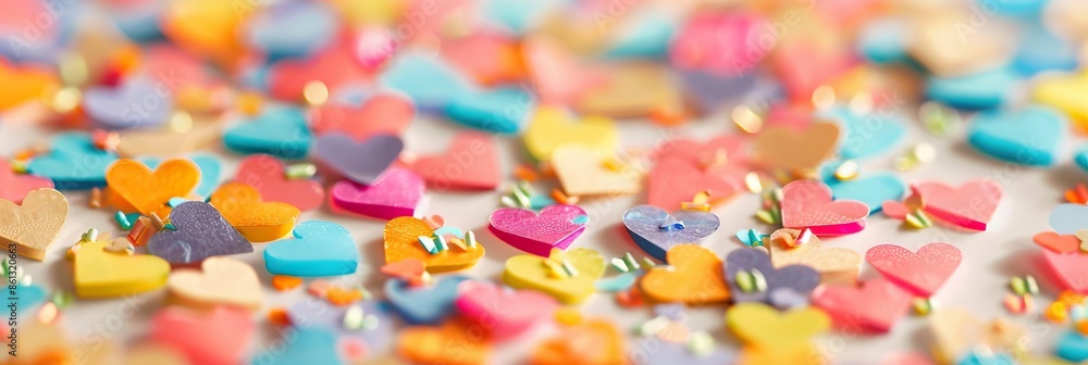 Colorful star-shaped and heart-shaped sprinkles scattered on a surface creating a playful and sweet scene Colorful star-shaped and heart-shaped sprinkles scattered on a surface creating a playful and sweet scene